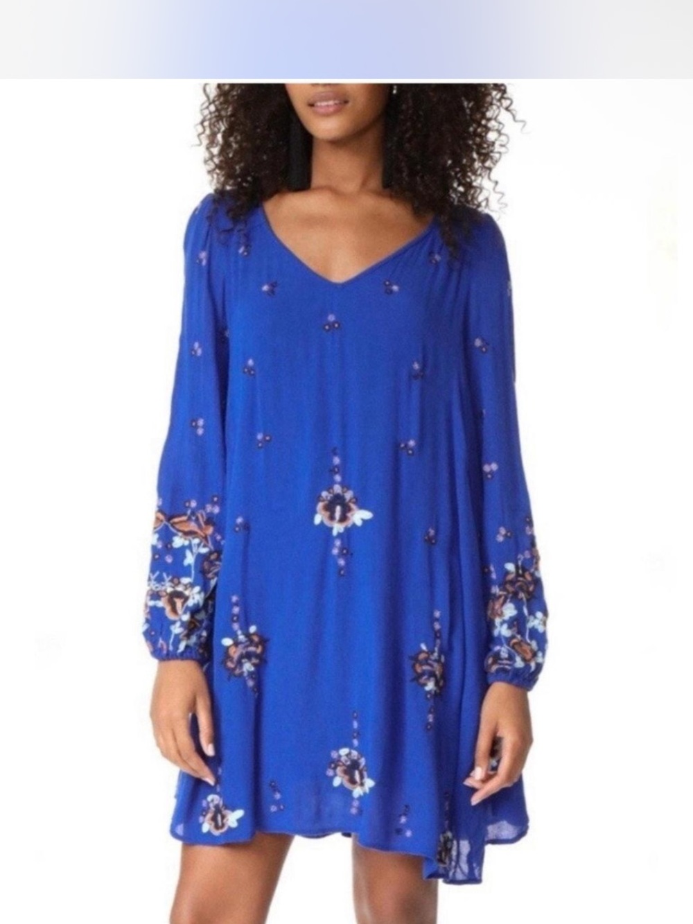 Free People Oxford Dress Embroidered Blue Mini Large Gauze Boho Lined Pockets